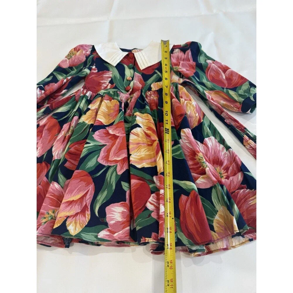 VTG Plum Pudding Tulip Floral Dress 3T 3/4 Sleeve Cotton Collar Elegant